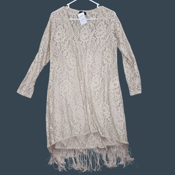 Three-Quarter Sleeve Beige Lace Kimono Duster With Fringe Large - Picture 1 of 6